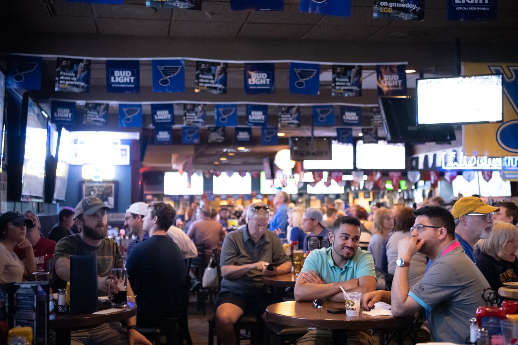 Blues fans watch Game 5 of Western Conference Finals at Syberg's on Dorsett
